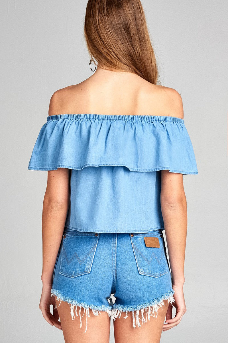 Ladies fashion plus size off the shoulder chambray ruffle top