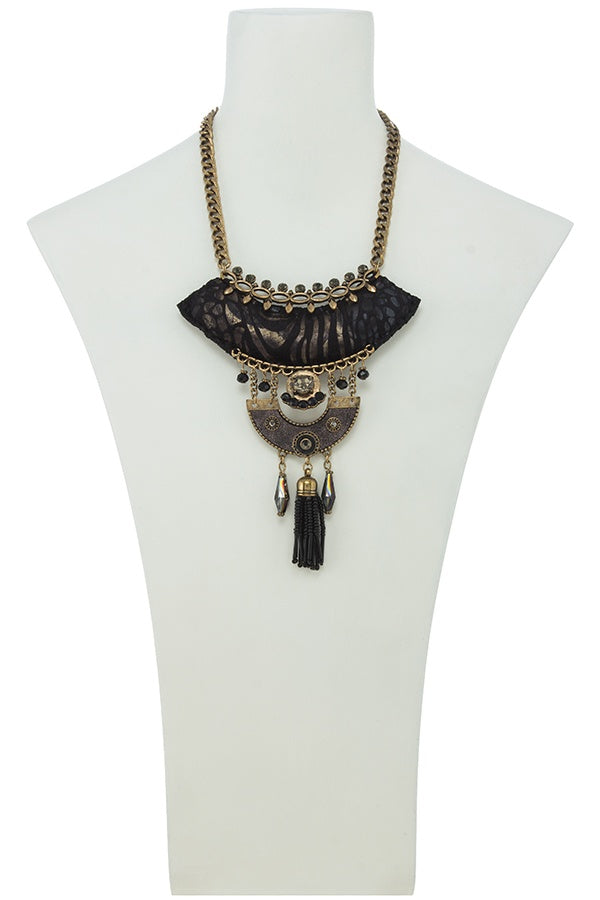 Seed bead tassel fringe black cushion pendant necklace set