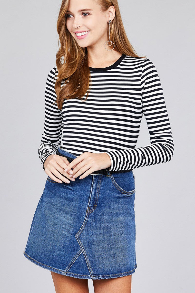 Ladies fashion long sleeve crew neck striped dty brushed top