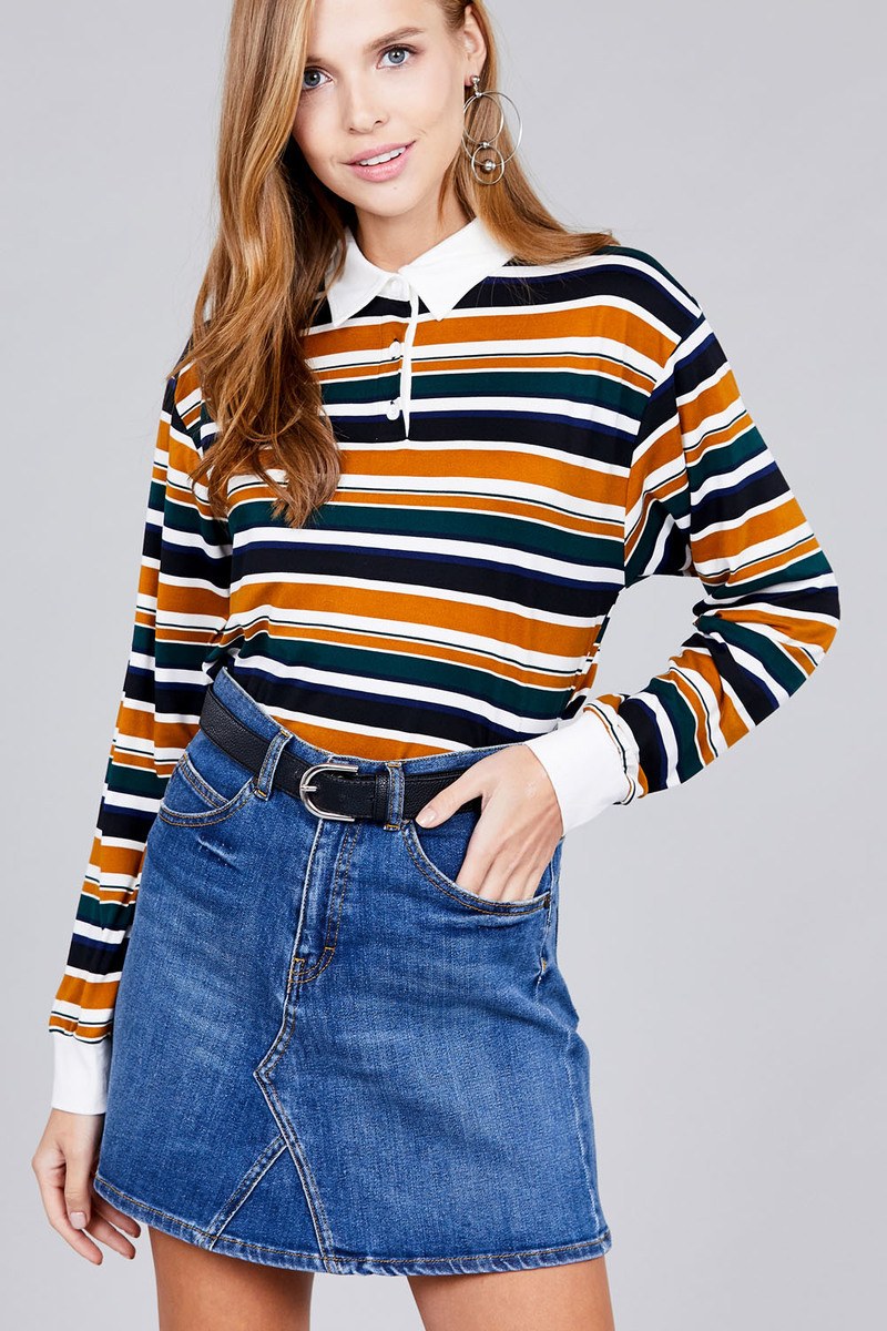 Ladies fashion long sleeve multi striped dty brushed shirts