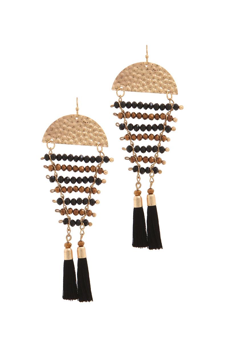 Hammered half circle beaded tassel drop earring