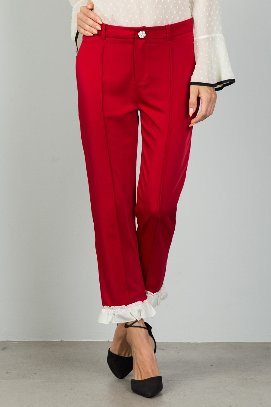 Ladies fashion red contrast ruffle hem ankle pants