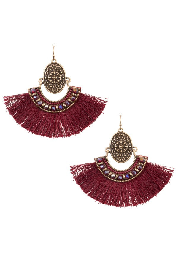 Boho etched tassel fan earring