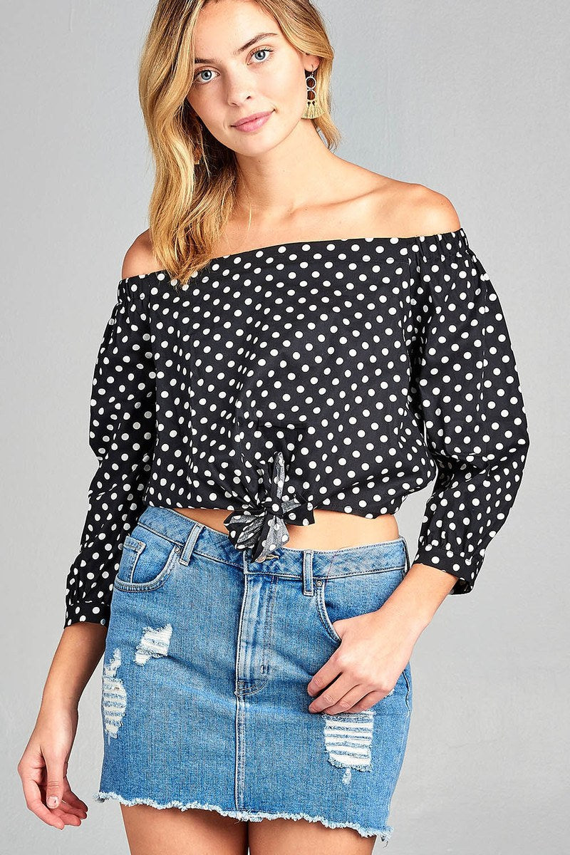 Ladies fashion off the shoulder w/knot front dot print cotton spandex top