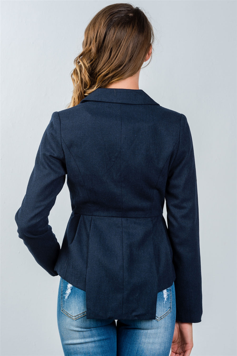 Ladies fashion navy pleated peplum hem jacket