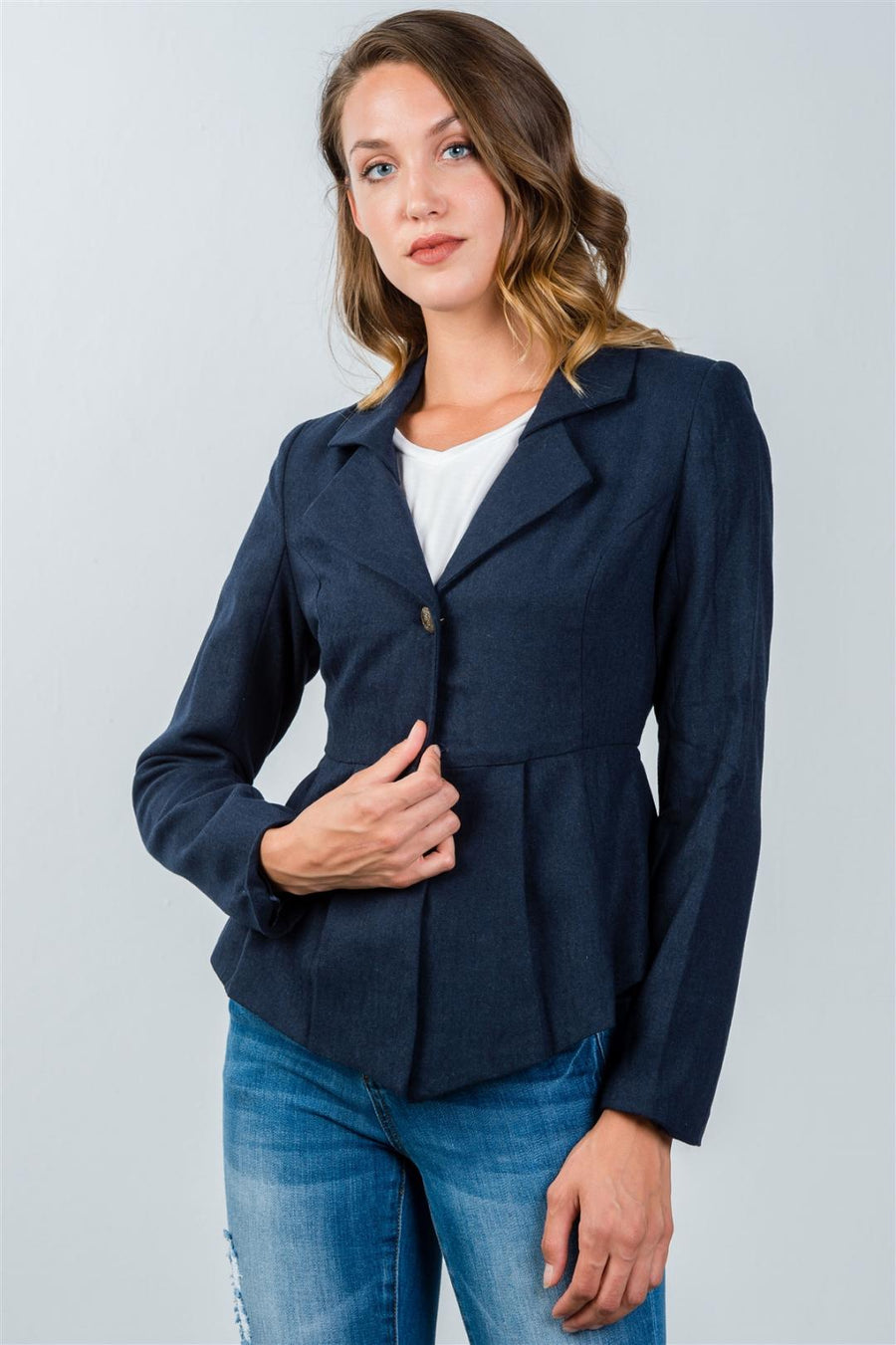 Ladies fashion navy pleated peplum hem jacket