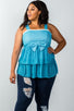 Ladies fashion plus size lace trim blue ruffled babydoll sleeveless top