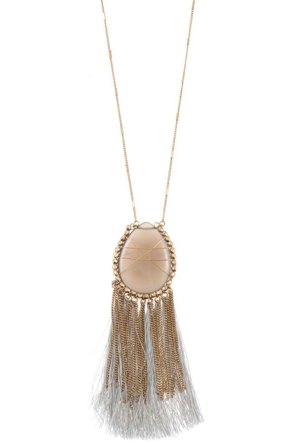 Elognated wrapped gem tassel pendant necklace