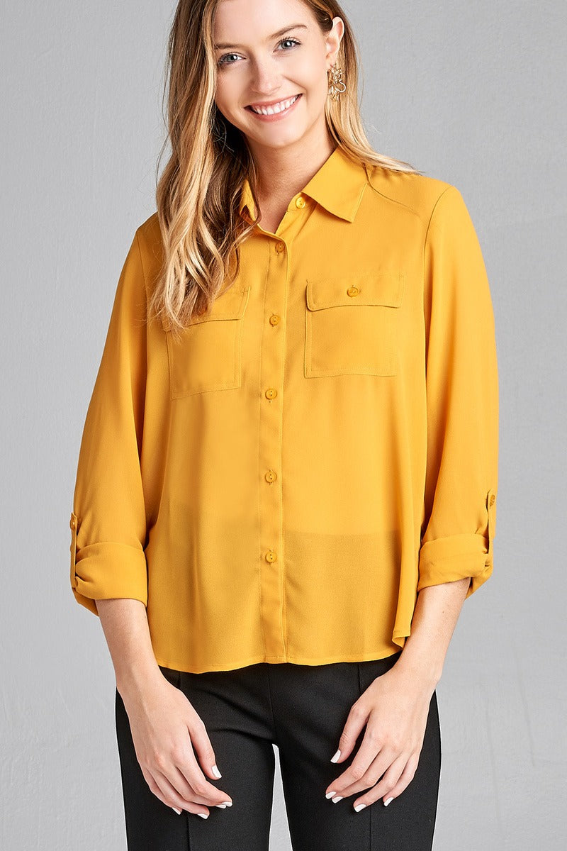 Ladies fashion long sleeve front pocket chiffon blouse w/ back button detail