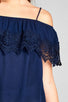 Ladies fashion open shoulder flounce w/crochet lace crinkle gauze woven top