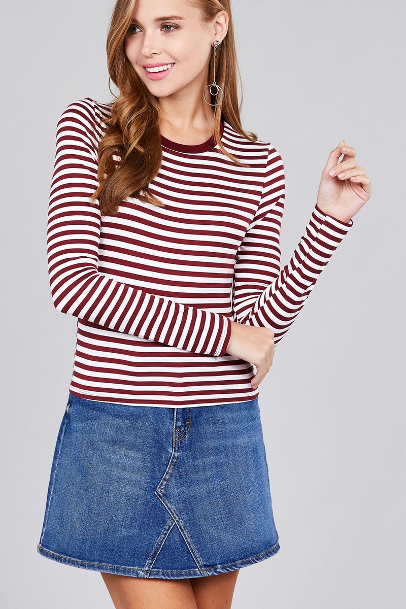 Ladies fashion plus sizelong sleeve crew neck striped dty brushed top