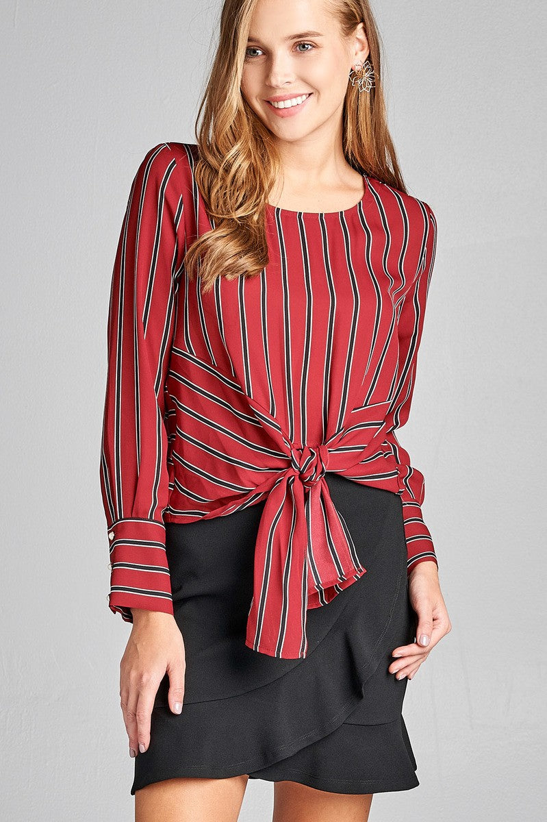 Ladies fashion long sleeve round neck front self tie multi stripe print woven top