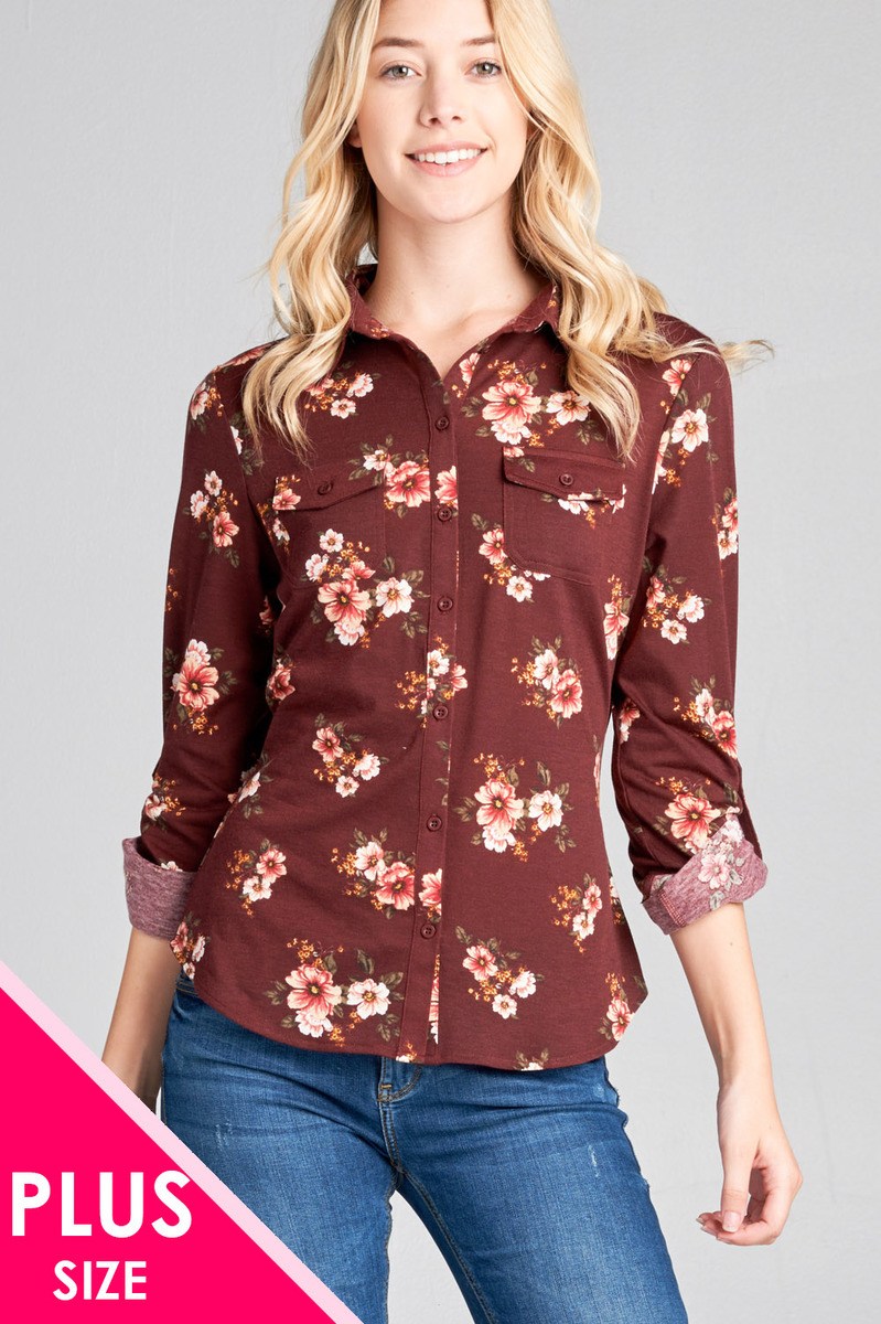 Ladies fashion plus size 3/4 roll up sleeve front pocket detail flower print stretch knit shirts