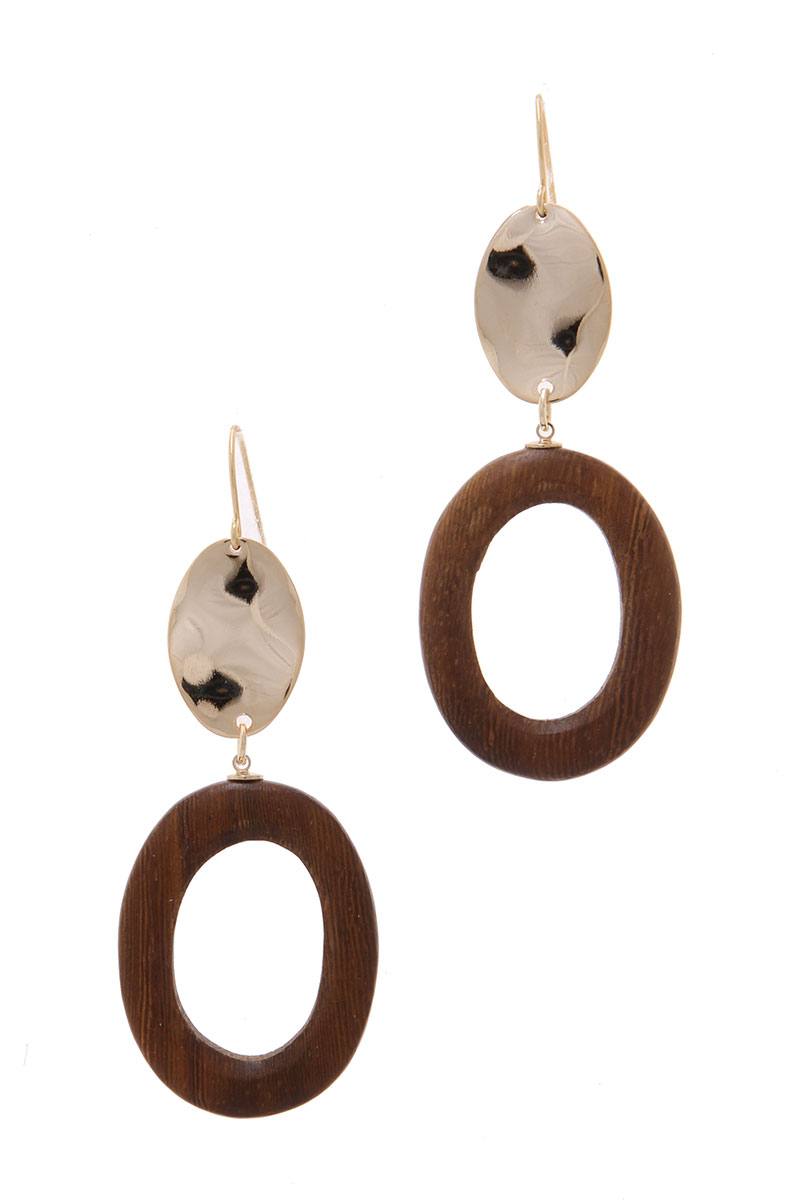 Wood Circle Shape Hammered Oval Drop Earring