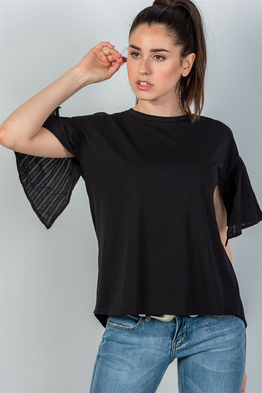 Ladies fashion black split short sleeve top