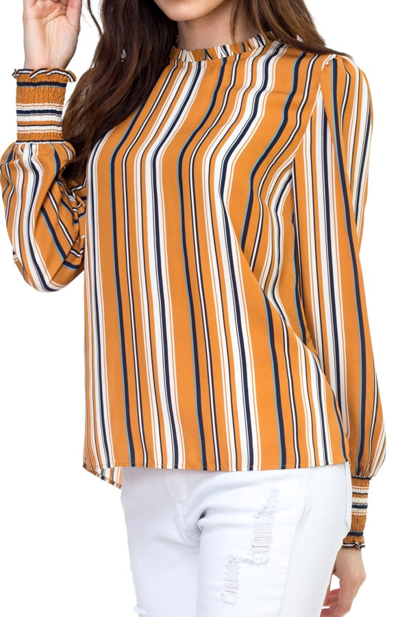 Long smocked sleeve stripe shirt