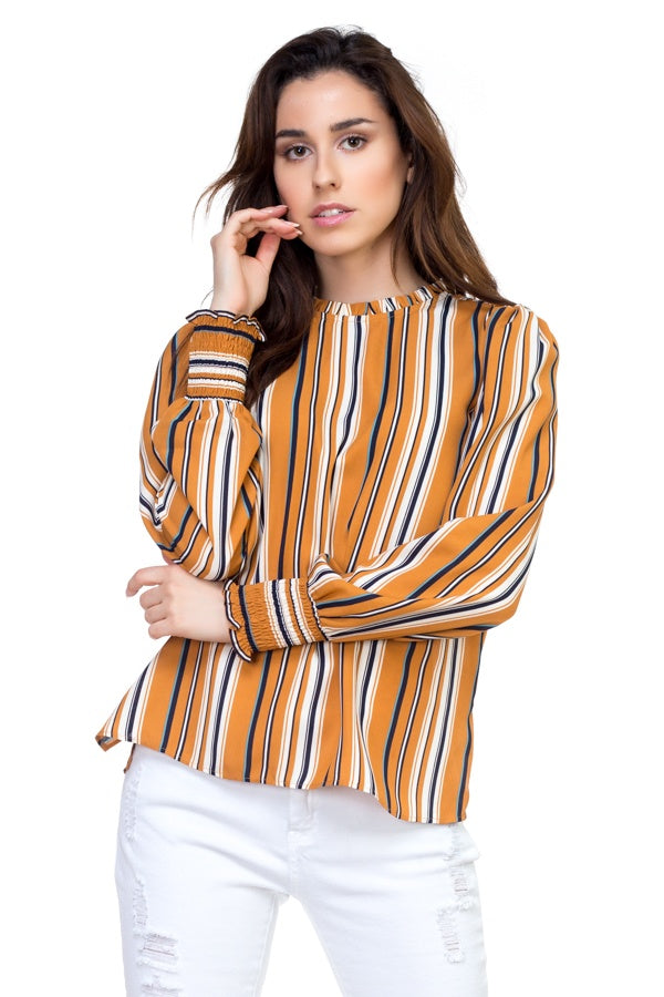 Long smocked sleeve stripe shirt