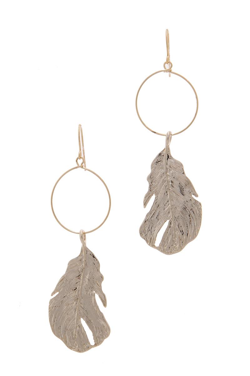 Textured Metal Leaf Circle Drop Earring