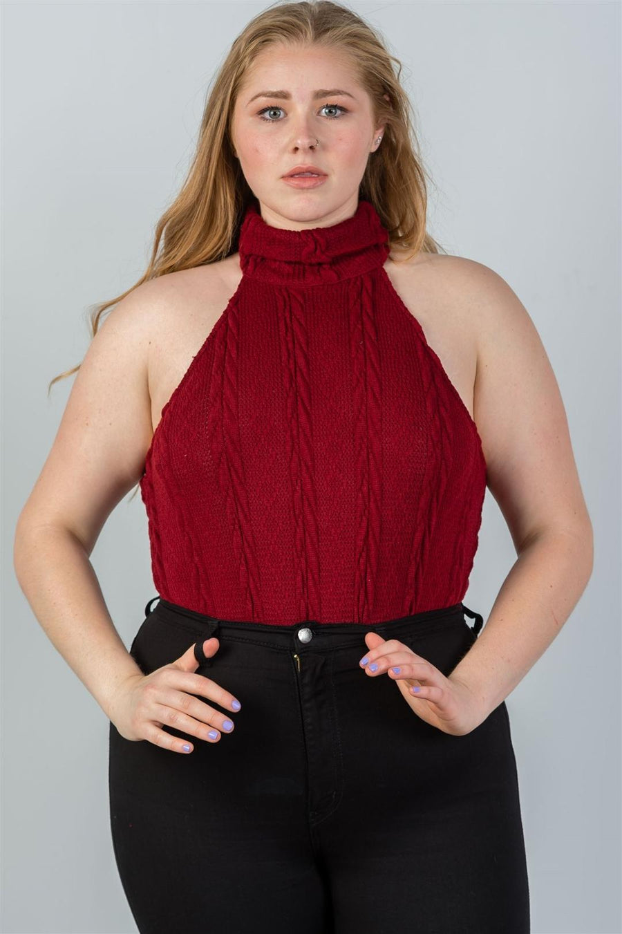 Ladies fashion plus size  cable knit turtleneck sleeveless bodysuit