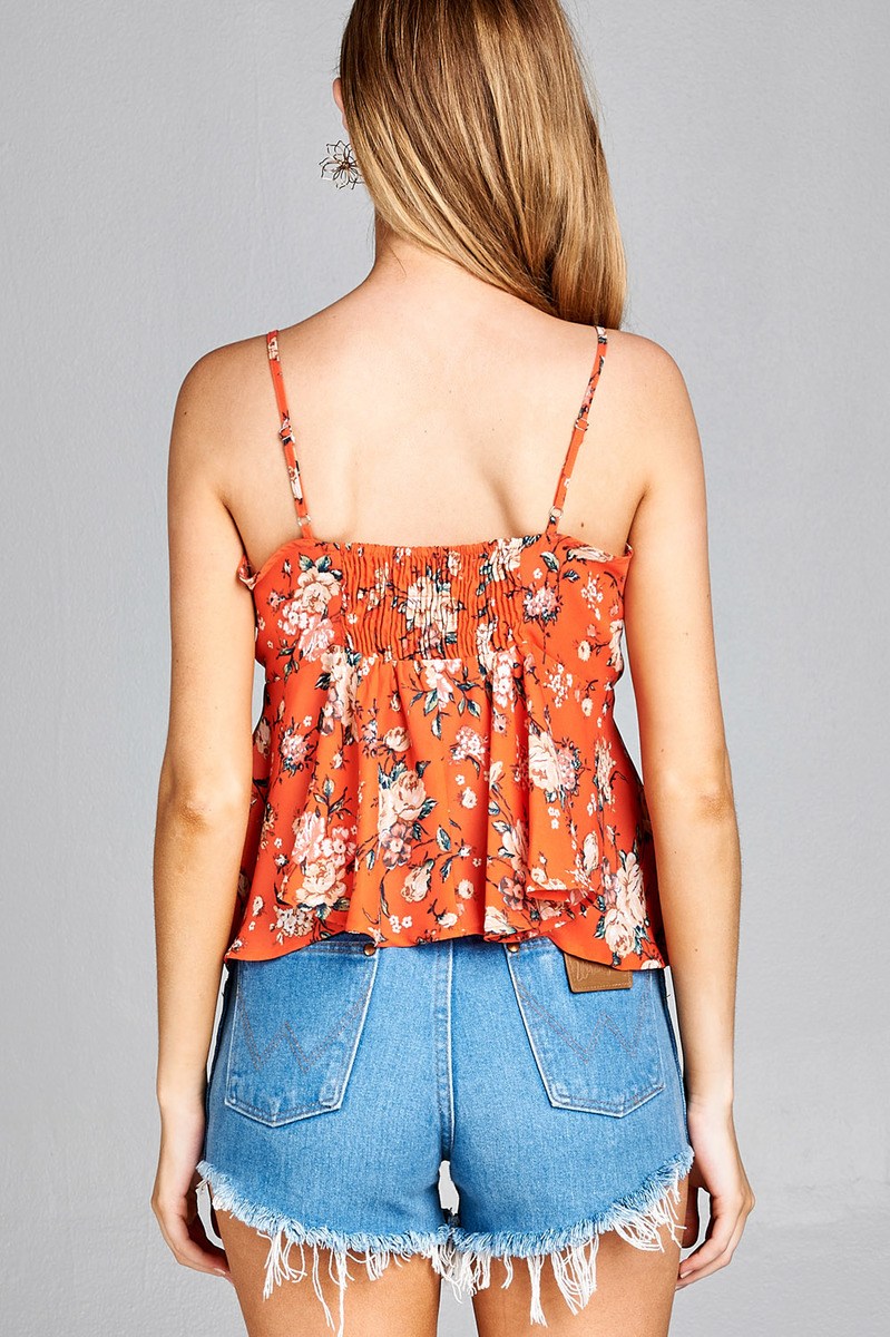 Ladies fashion heart neck w/self tie detail floral print cami woven top