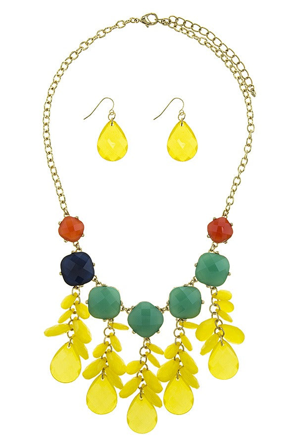 Colorful faux gem flower bib necklace set