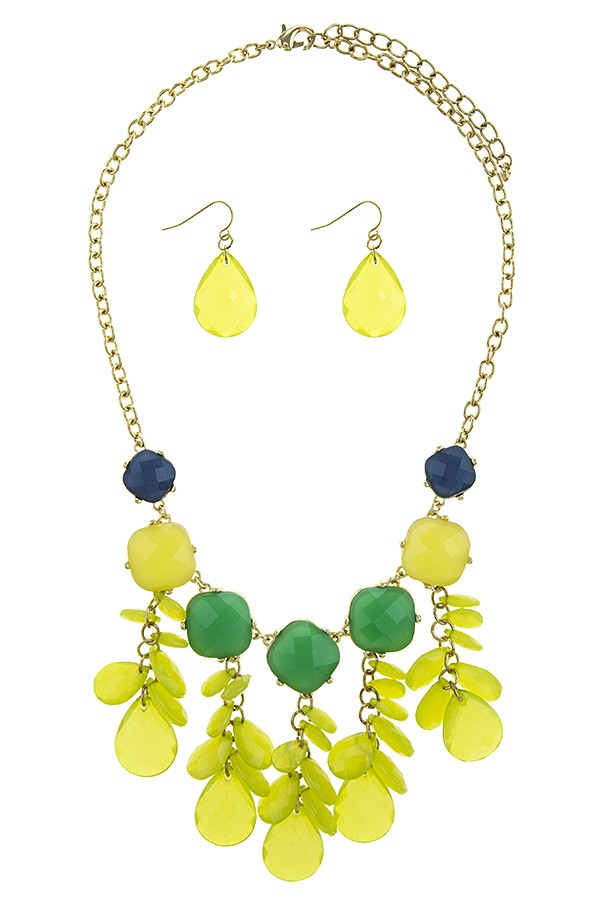 Colorful faux gem flower bib necklace set