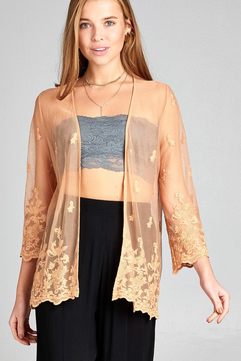 Ladies fashion open front scalloped hem lace cardigan