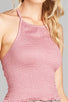 Ladies fashion halter neck w/smocked detail rayon spandex crop top