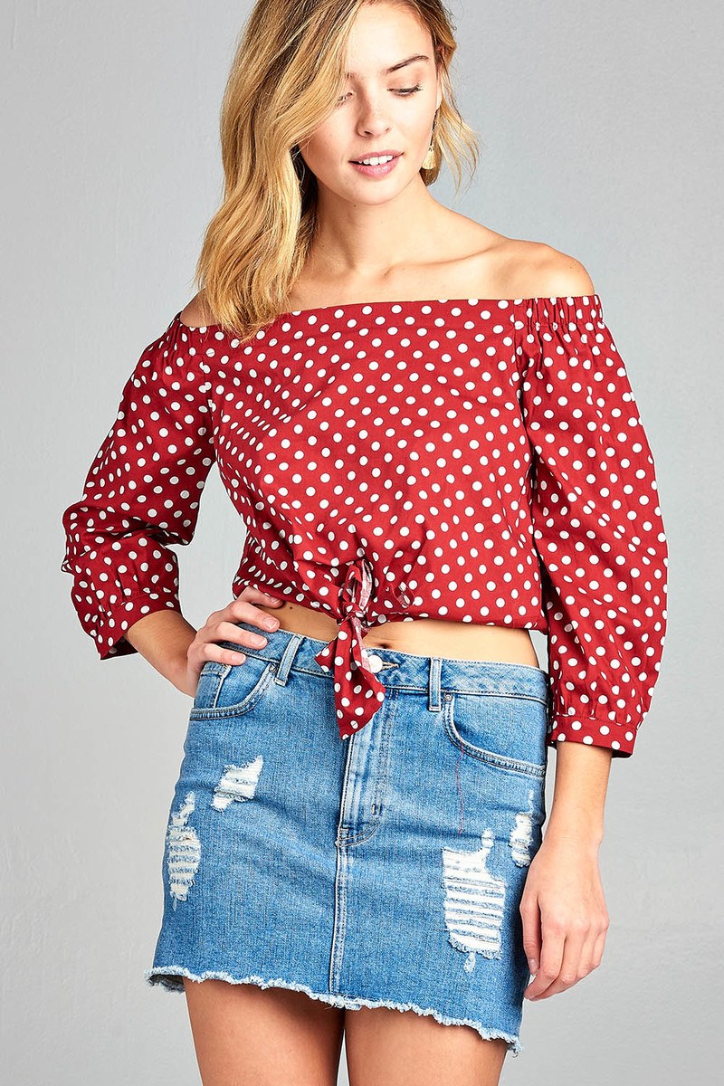 Ladies fashion off the shoulder w/knot front dot print cotton spandex top