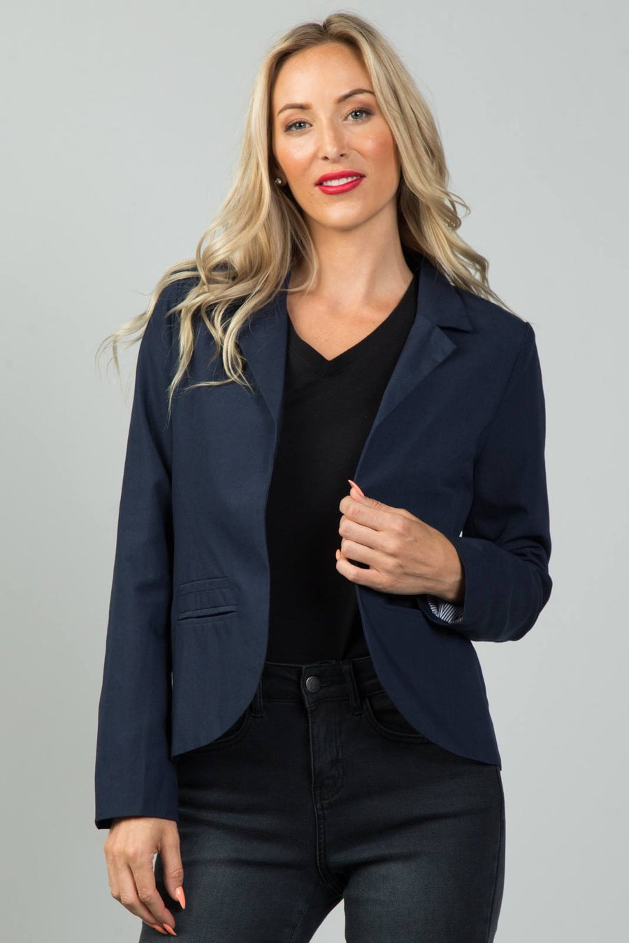 Ladies fashion navy open front blazer