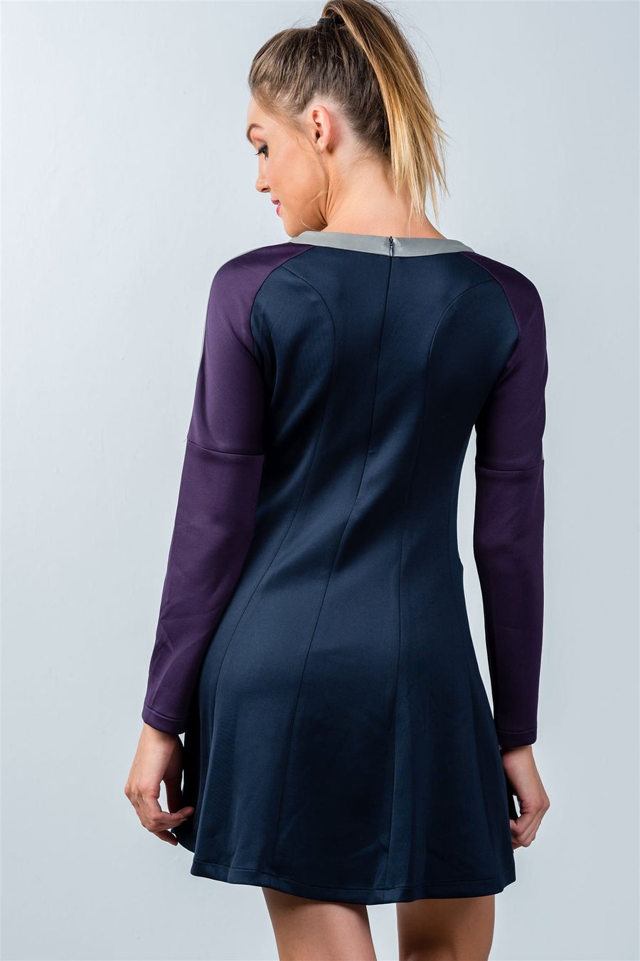 Ladies fashion  navy and purple color-block swing dress