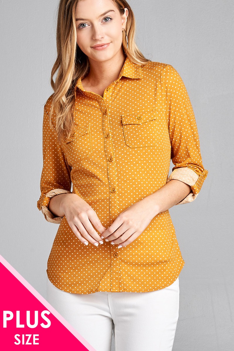 Ladies fashion plus size 3/4 roll up sleeve front pocket detail dot print stretch knit shirts