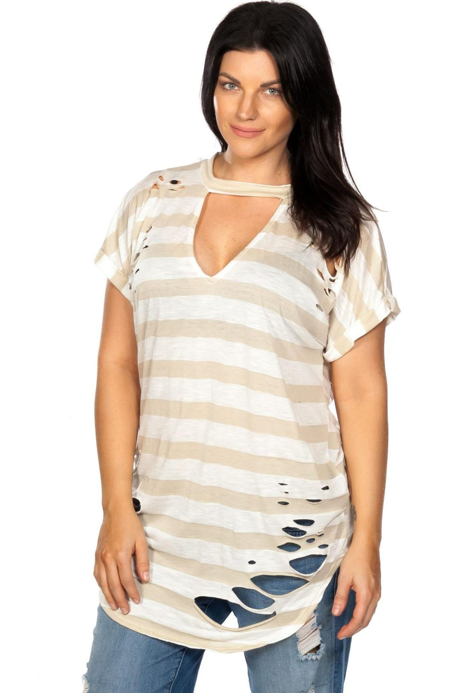 Ladies fashion plus size round neckline striped and destroyed cutout tee