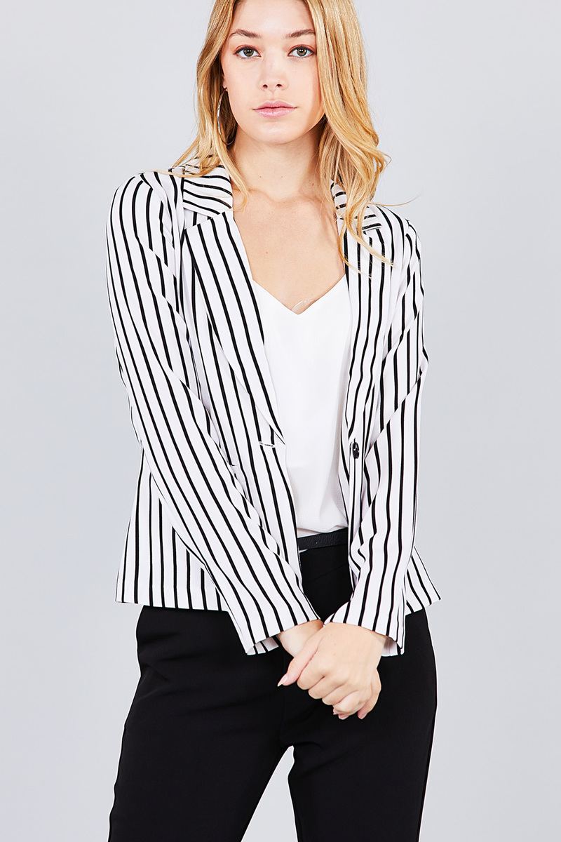 Long sleeve notched collar princess seam w/back slit striped jacket