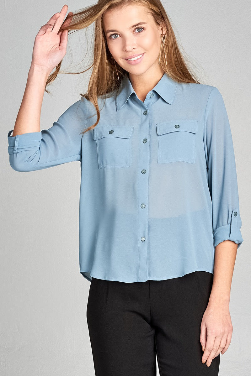 Ladies fashion long sleeve front pocket chiffon blouse w/ back button detail