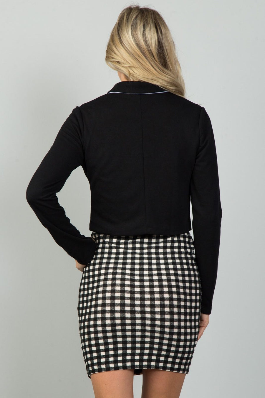 Ladies fashion black and white detail open front cropped blazer