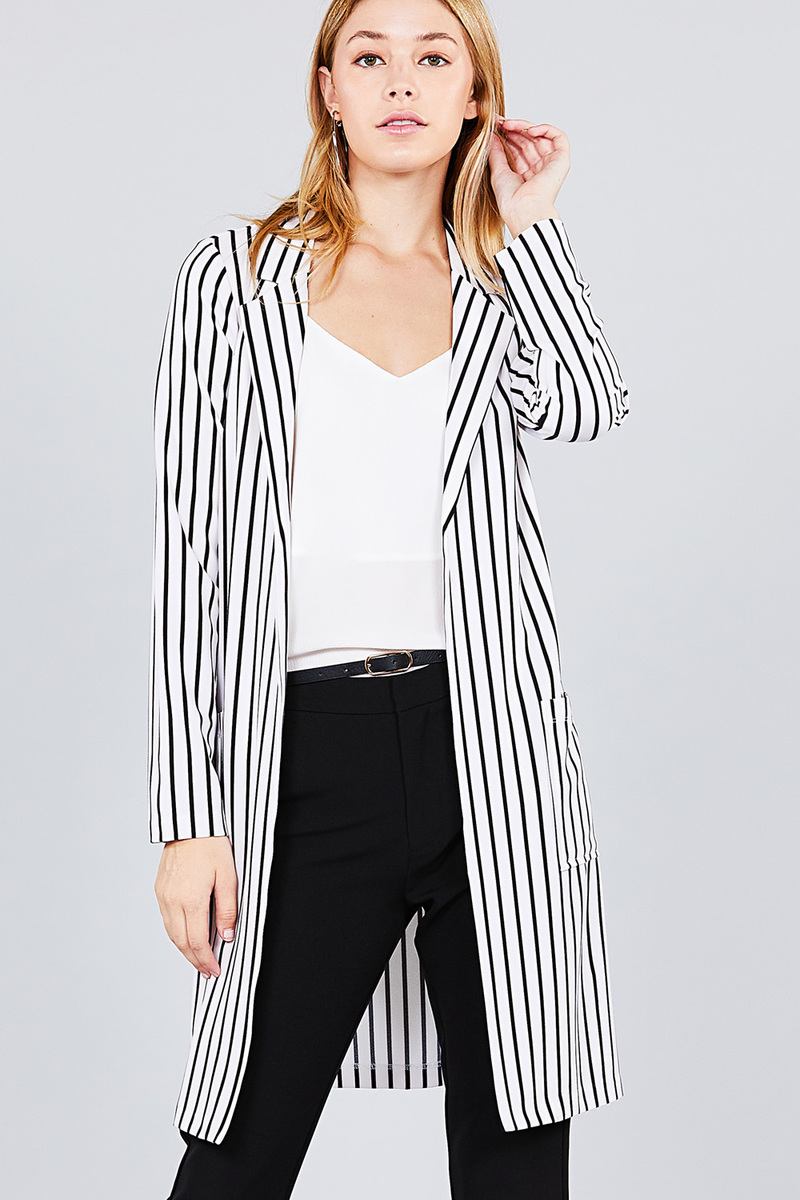 Long sleeve notched collar open front striped long jacket