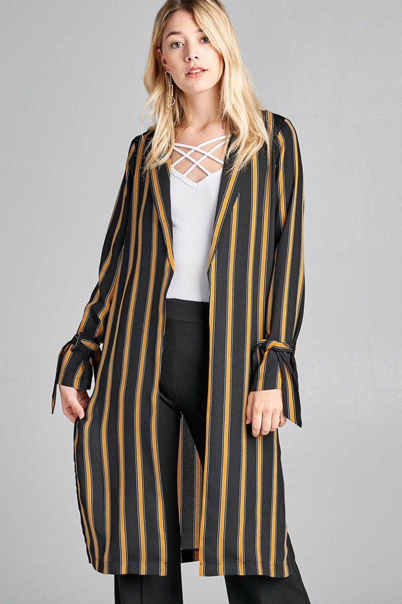 Ladies fashion long sleeve notched collar side slit multi stripe long jacket