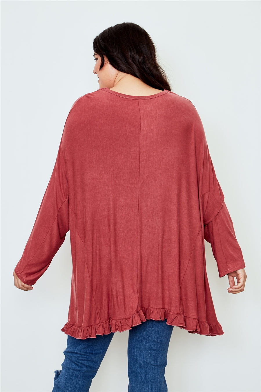 Ladies fashion plus size frill hem loose tunic top