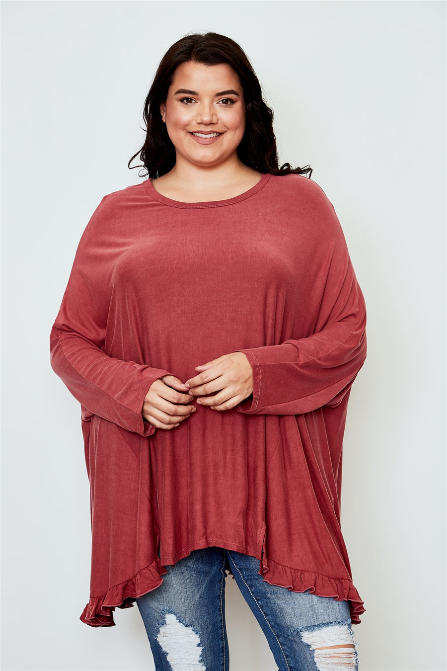 Ladies fashion plus size frill hem loose tunic top