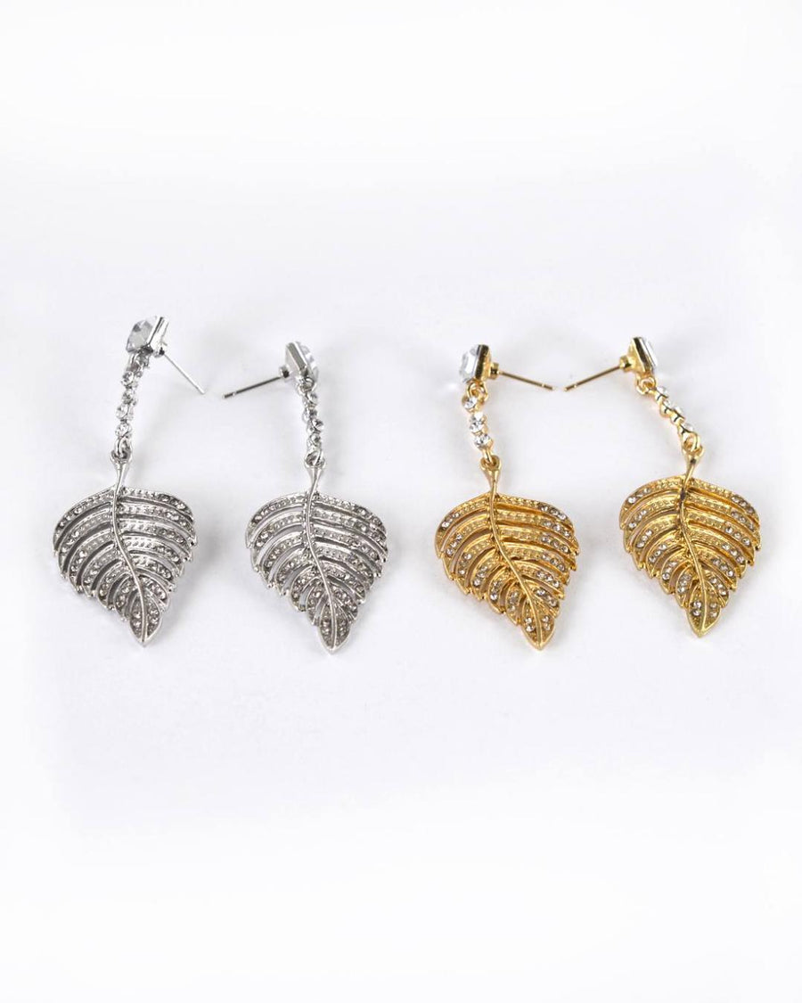 Crystal and Stone Studded Metallic Leaf Accent Drop Earrings