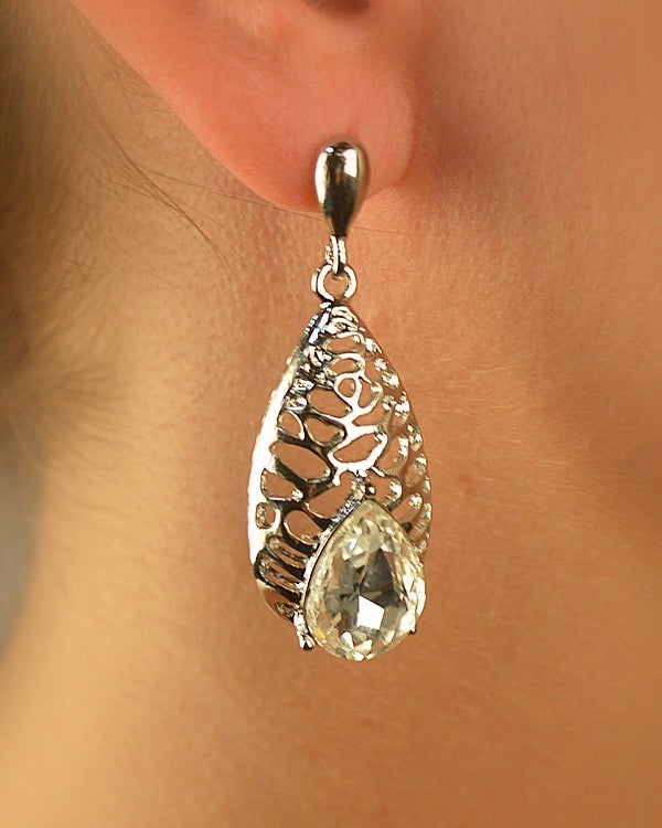 Carved Teardrop Earring with Teardrop Rhinestone Accent