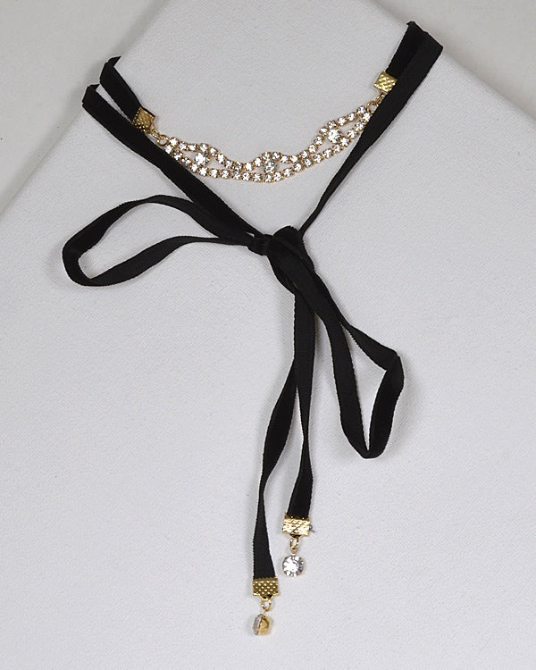 Layered Rhinestone Detailing and Tie Up Pattern Choker Necklace