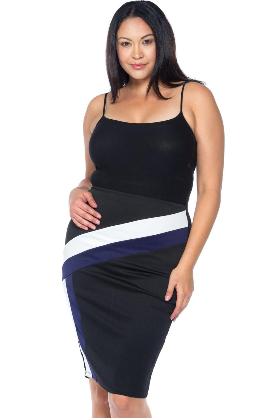 Ladies fashion plus size black blue white color block pencil midi skirt