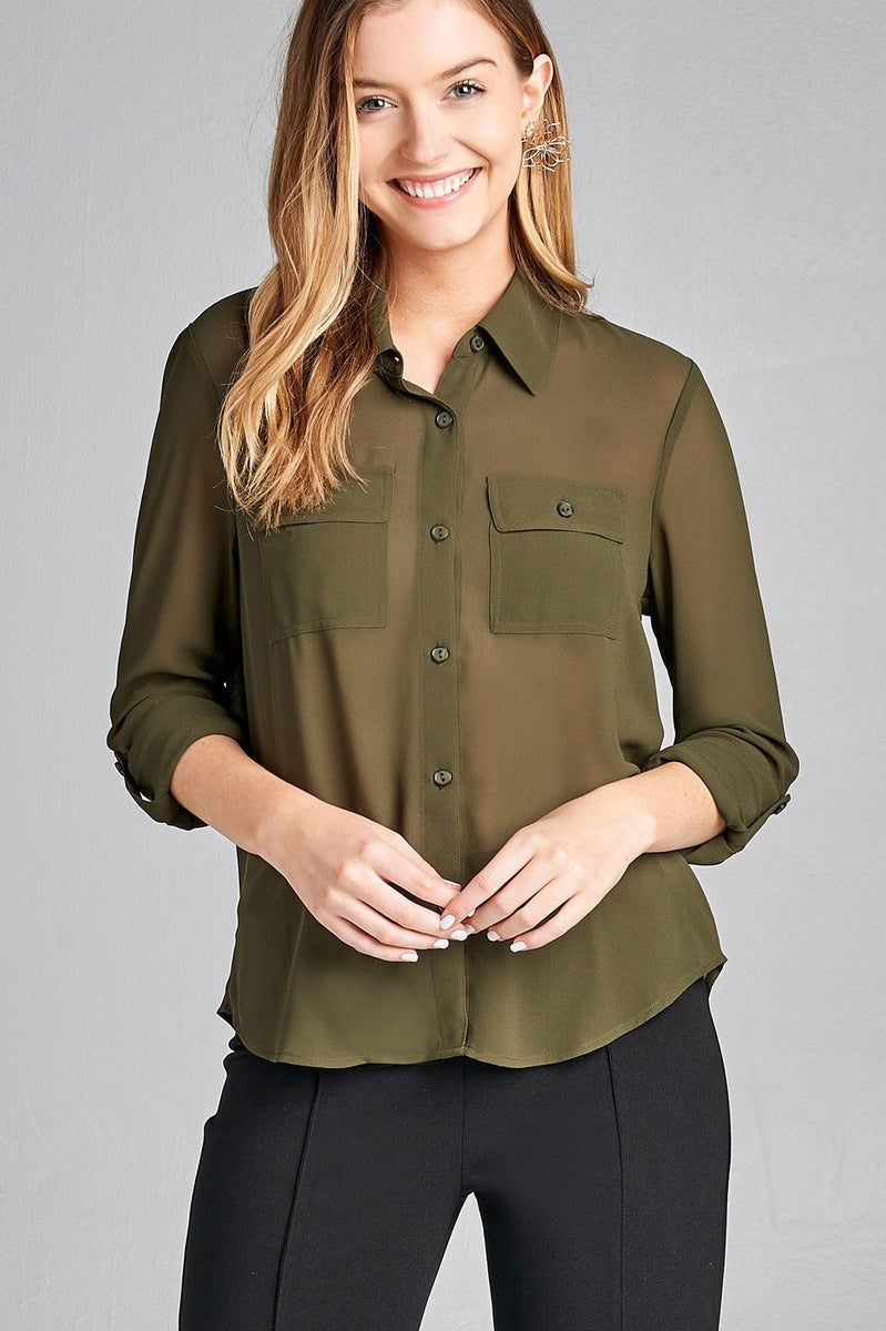 Ladies fashion long sleeve front pocket chiffon blouse w/ back button detail