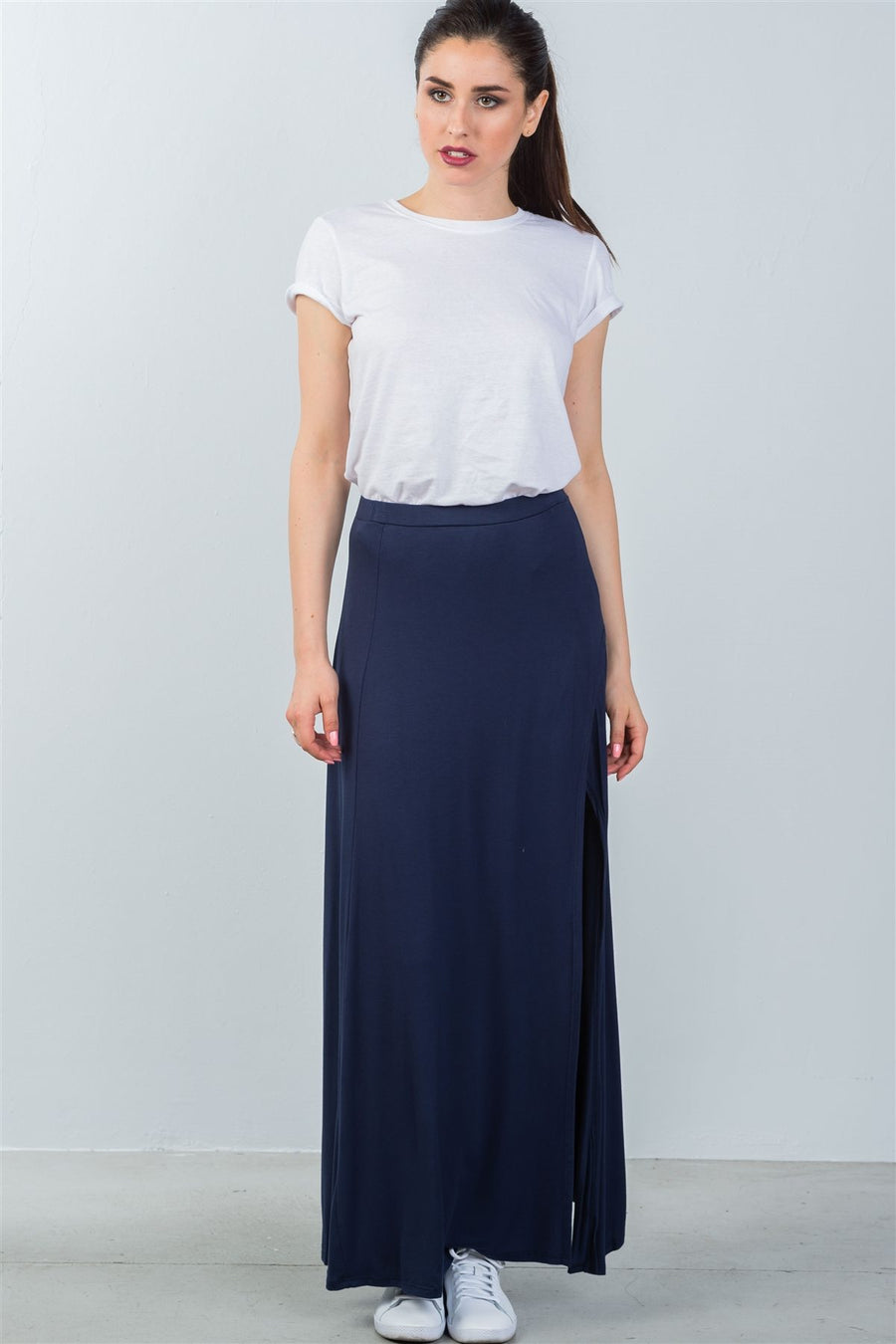 Ladies fashion elastic waist band side slit long skirt