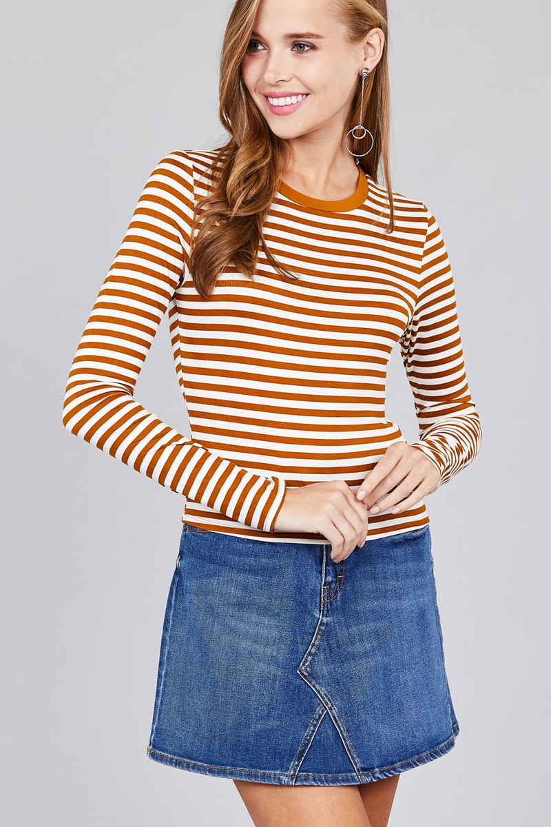 Ladies fashion long sleeve crew neck striped dty brushed top