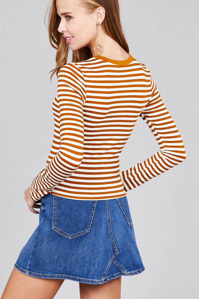 Ladies fashion long sleeve crew neck striped dty brushed top