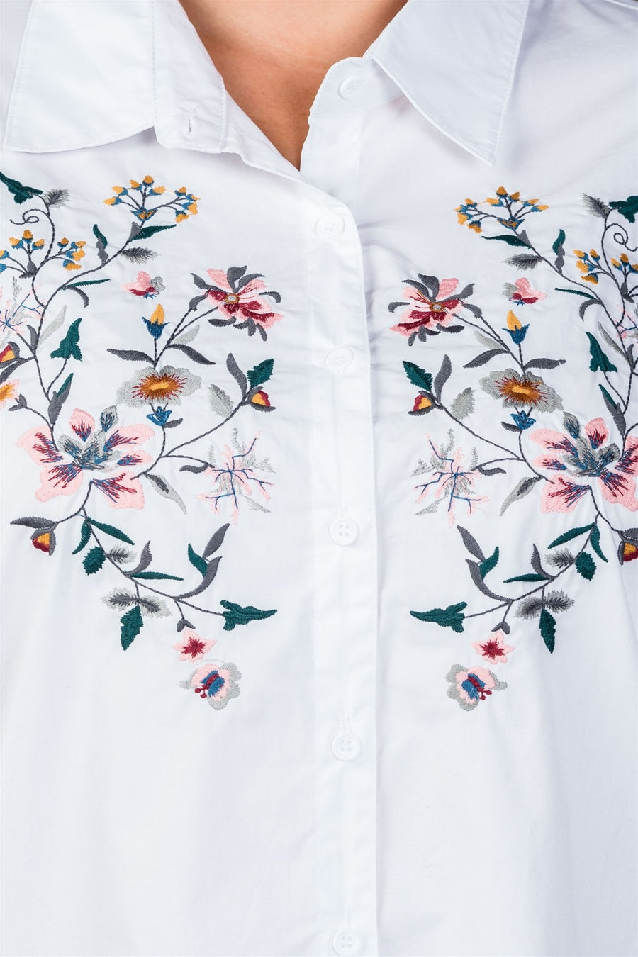 Ladies fashion plus size floral embroidered button down shirt