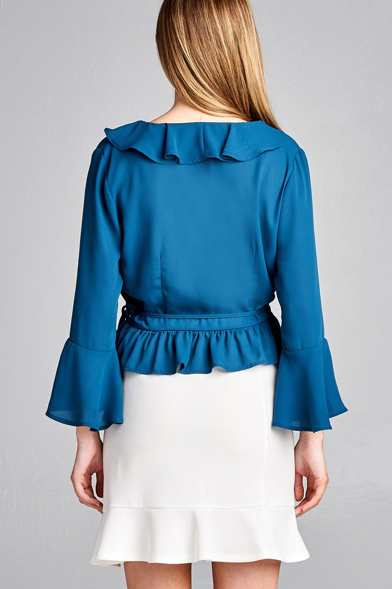 Ladies fashion 3/4 bell sleeve wrap w/ruffle side tie closure flare bottom wool dobby woven top